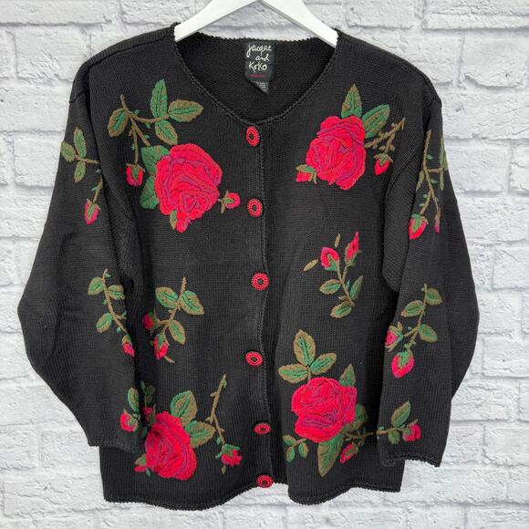Vintage Jacque and Koko Floral Embroidered Cardigan Sweater Size 14/16 XL Black - Picture 1 of 5